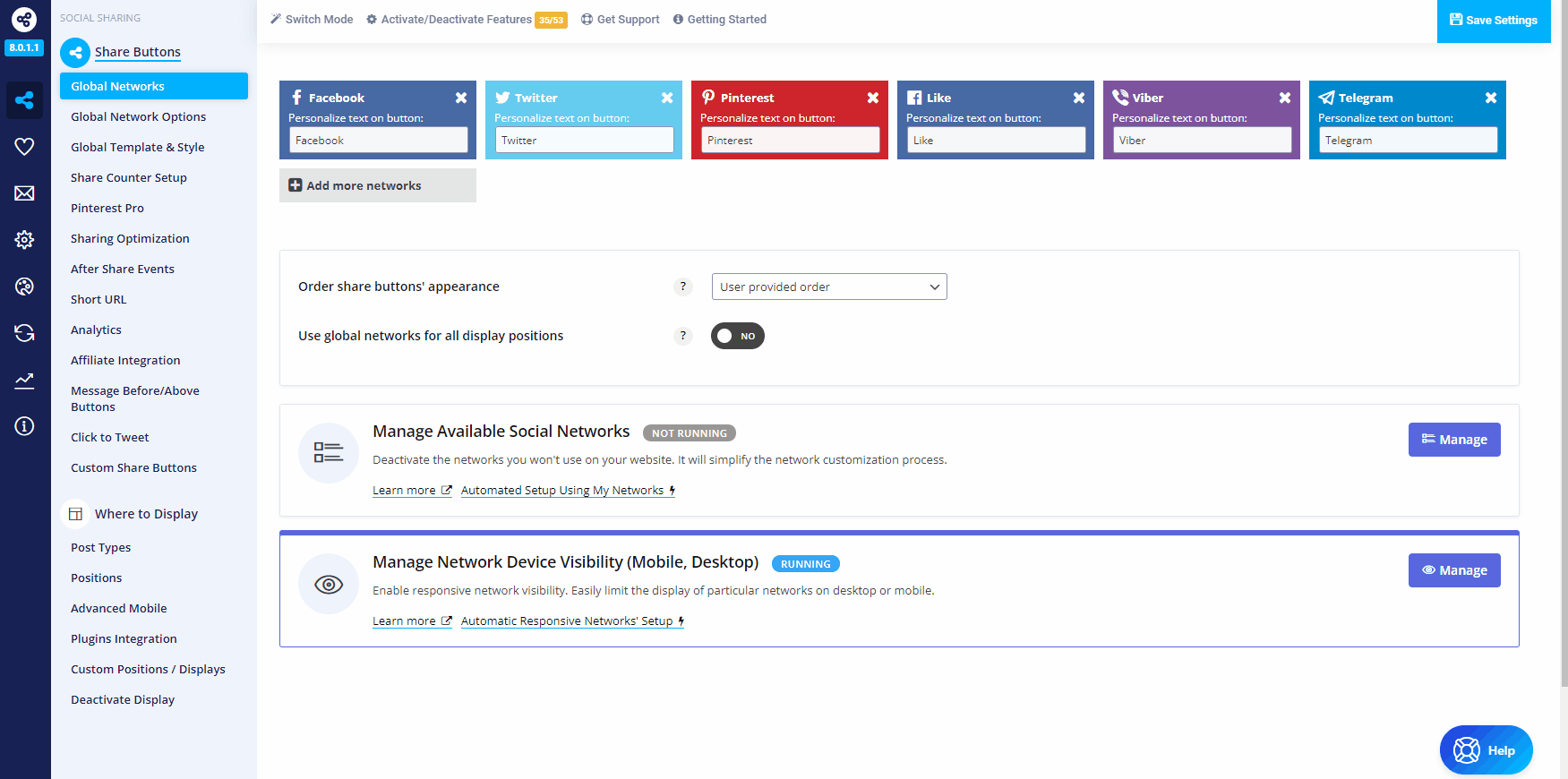 [Sharing -> Global Networks] How to select social share buttons for your website - global share buttons, per position share buttons, etc. 5